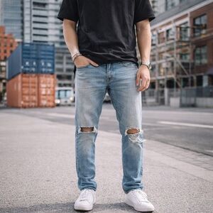 7 For All Mankind Paxtyn Distressed Slim Fit Jeans Cotton Blend Light Wash Denim